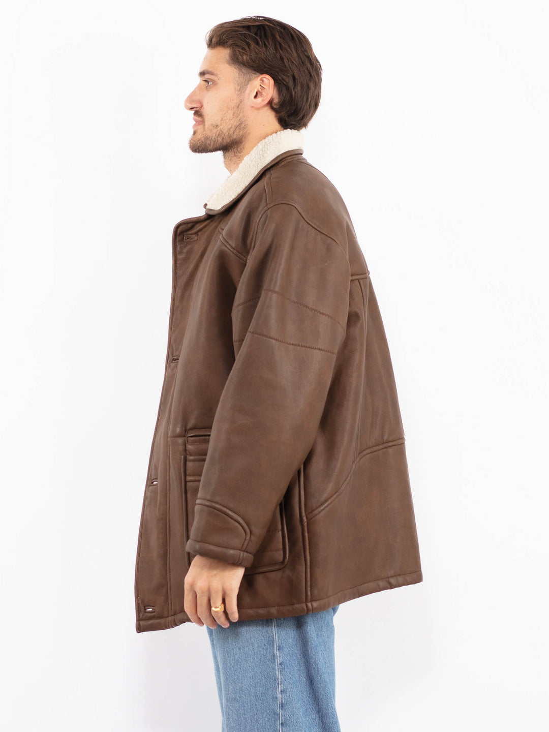 Vintage 90's Men Faux Sheepskin Coat in Brown