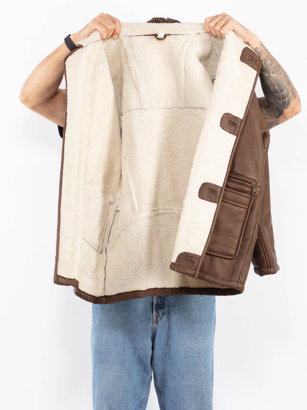 Vintage 90's Men Faux Sheepskin Coat in Brown