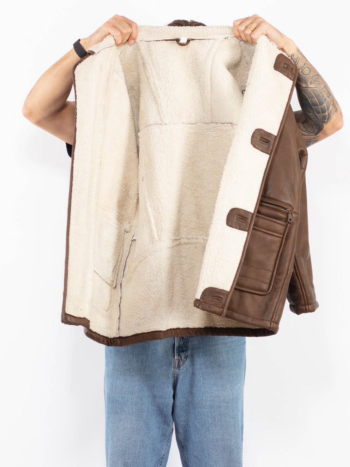 Vintage 90's Men Faux Sheepskin Coat in Brown