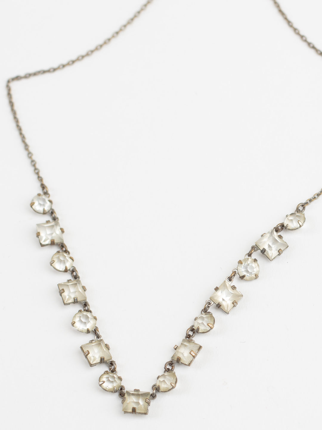Vintage 50s Clear Rhinestone Necklace with Square and Round Crystals