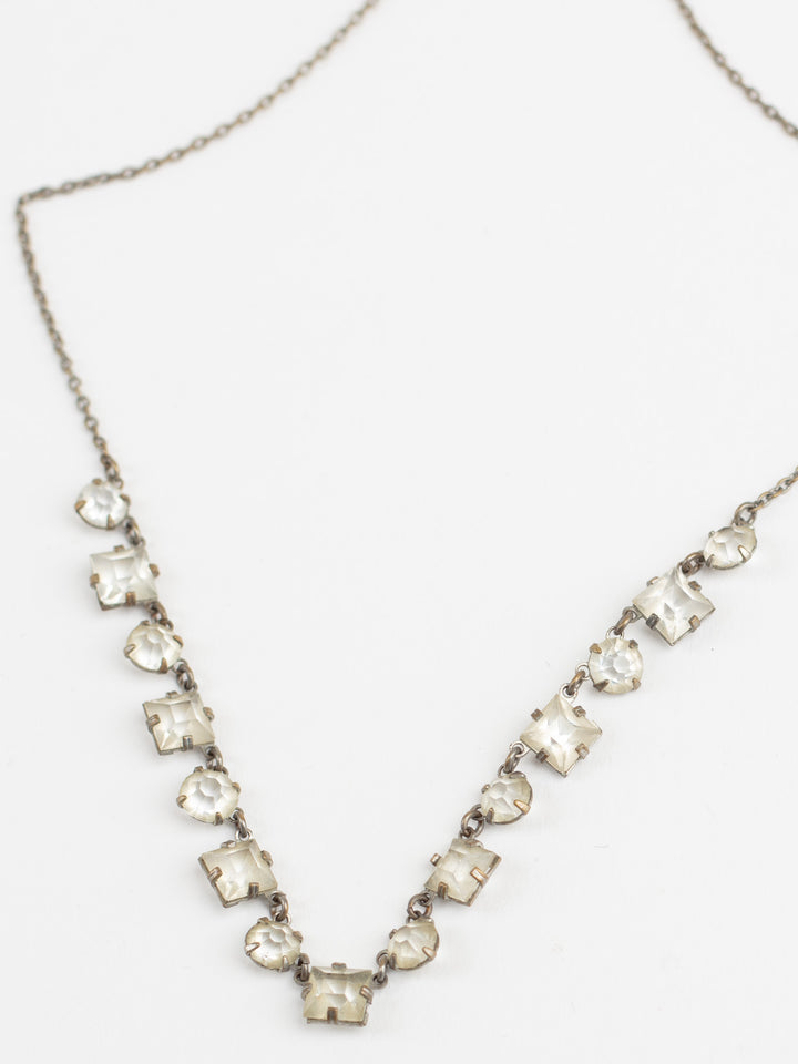 Vintage 50s Clear Rhinestone Necklace with Square and Round Crystals