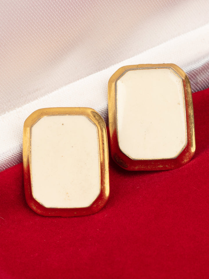 Vintage 80s Cream Enamel and Gold-Tone Geometric Stud Earrings