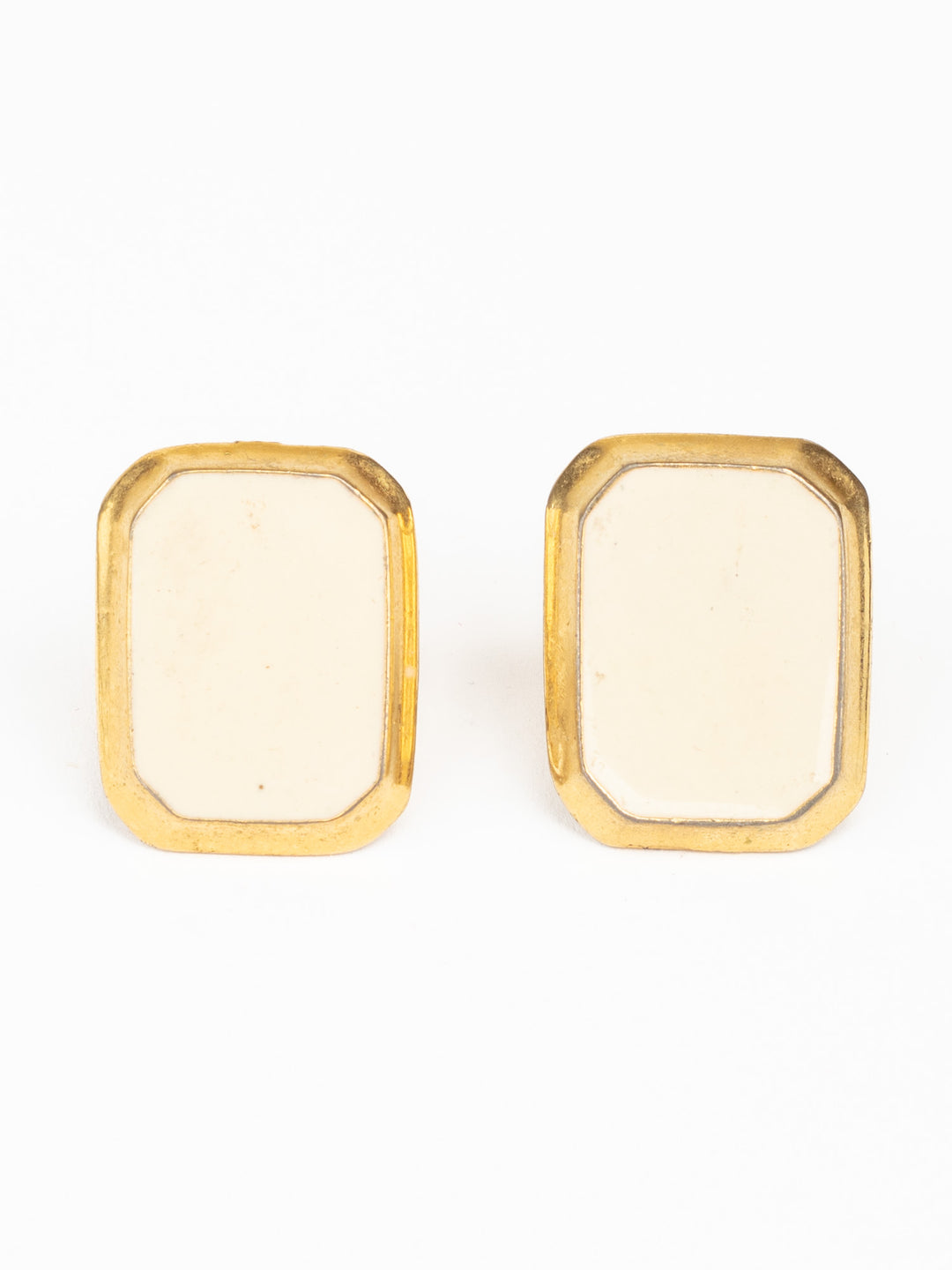 Vintage 80s Cream Enamel and Gold-Tone Geometric Stud Earrings