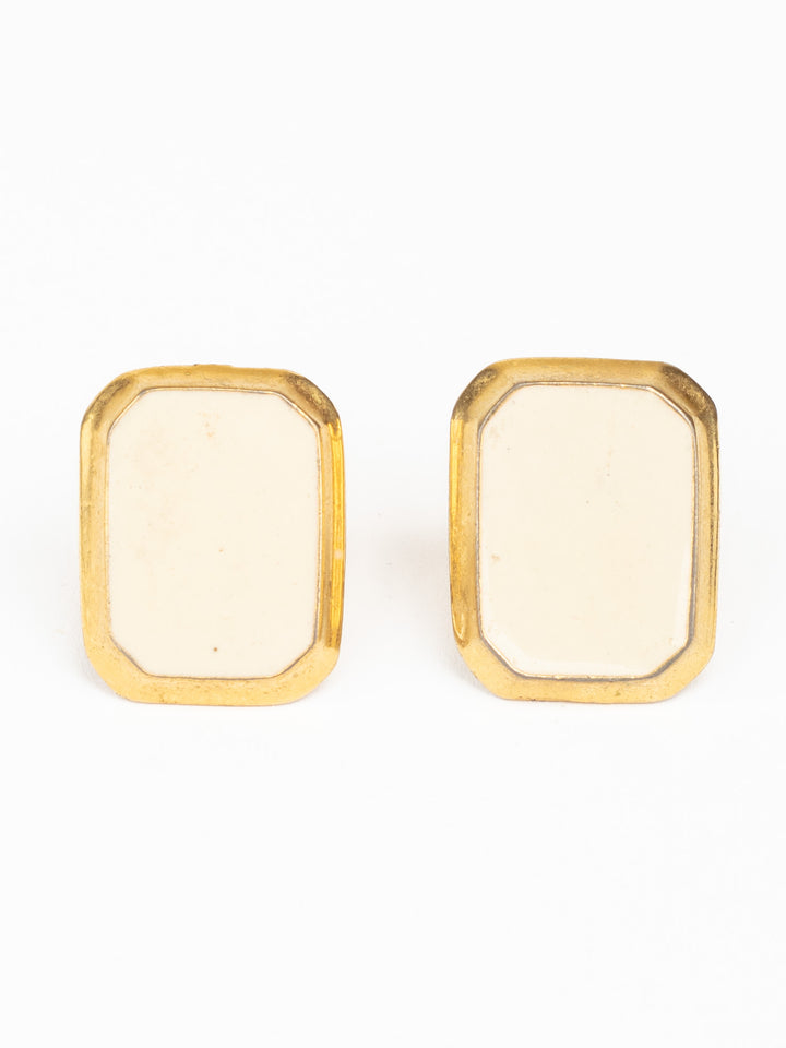 Vintage 80s Cream Enamel and Gold-Tone Geometric Stud Earrings