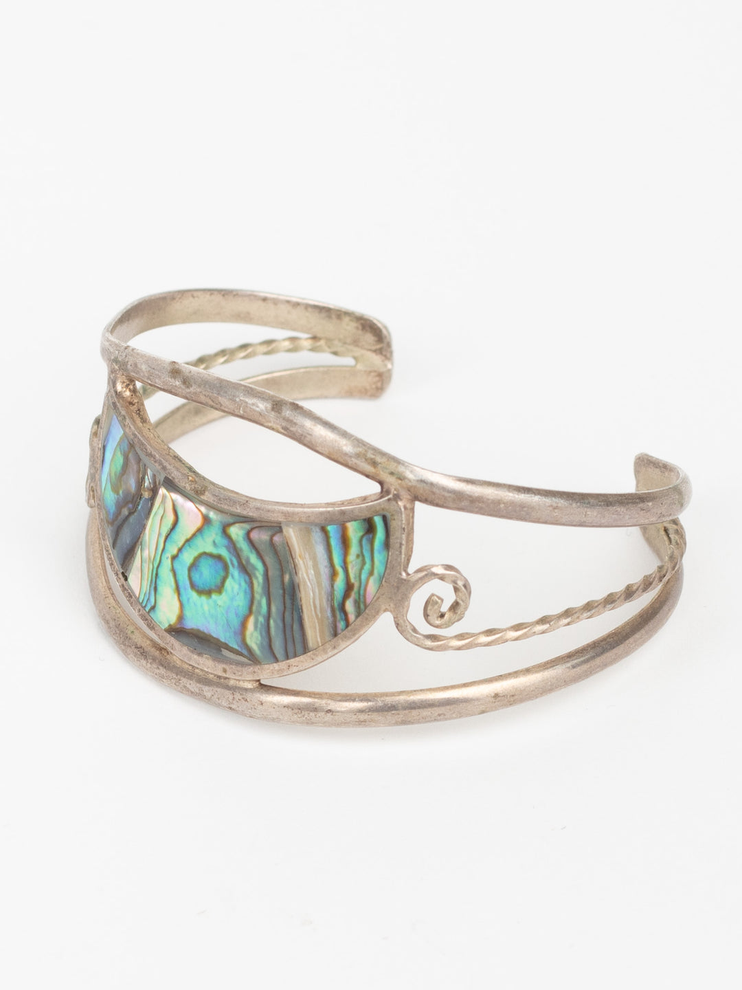 Vintage 70s Abalone Inlay Cuff Bracelet with Silver-Tone Wire Frame