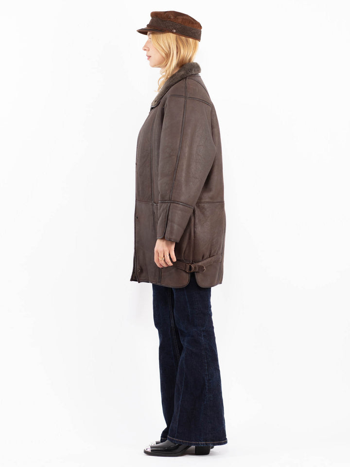 Vintage 80's Women Sheepskin Shearling Coat in Brown