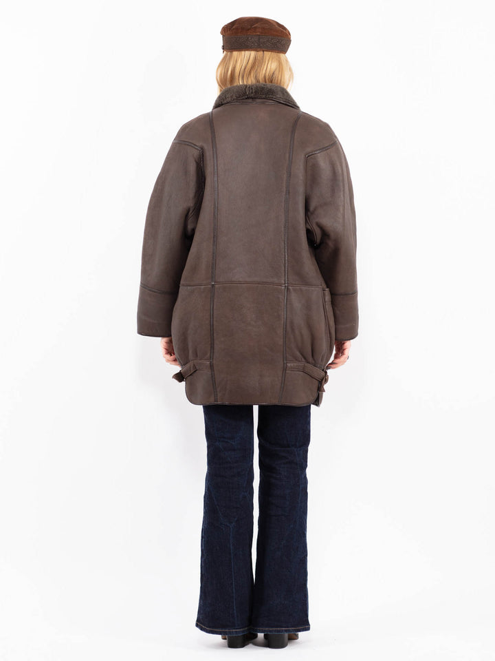 Vintage 80's Women Sheepskin Shearling Coat in Brown