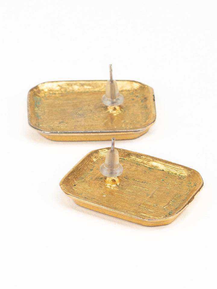 Vintage 80s Cream Enamel and Gold-Tone Geometric Stud Earrings