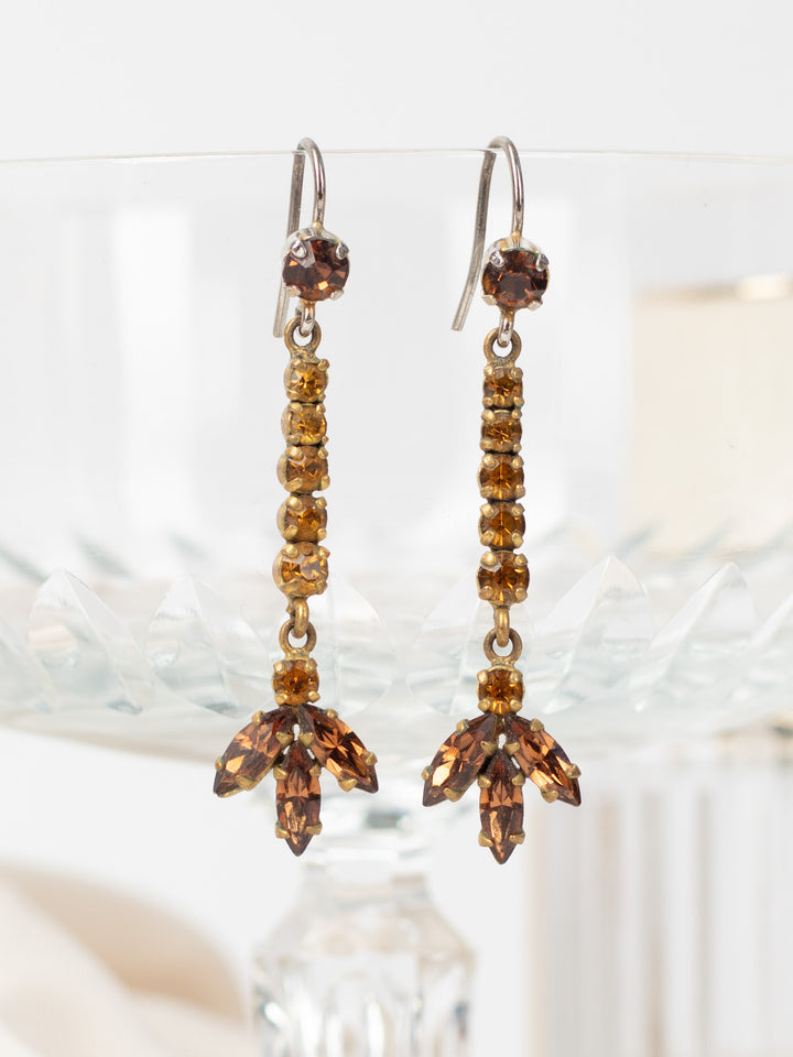 Vintage 70's Brass and Amber Rhinestone Drop Earrings