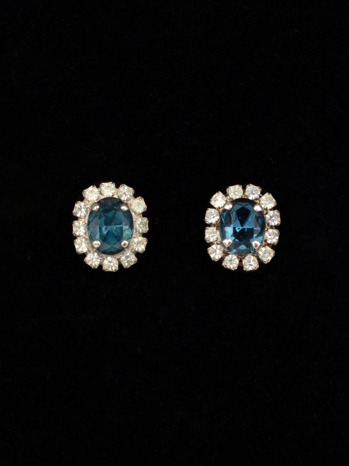 Vintage 80s Oval Blue Rhinestone Stud Earrings with Clear Halo