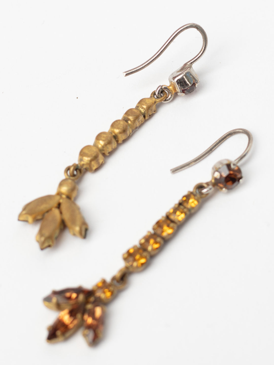 Vintage 70's Brass and Amber Rhinestone Drop Earrings