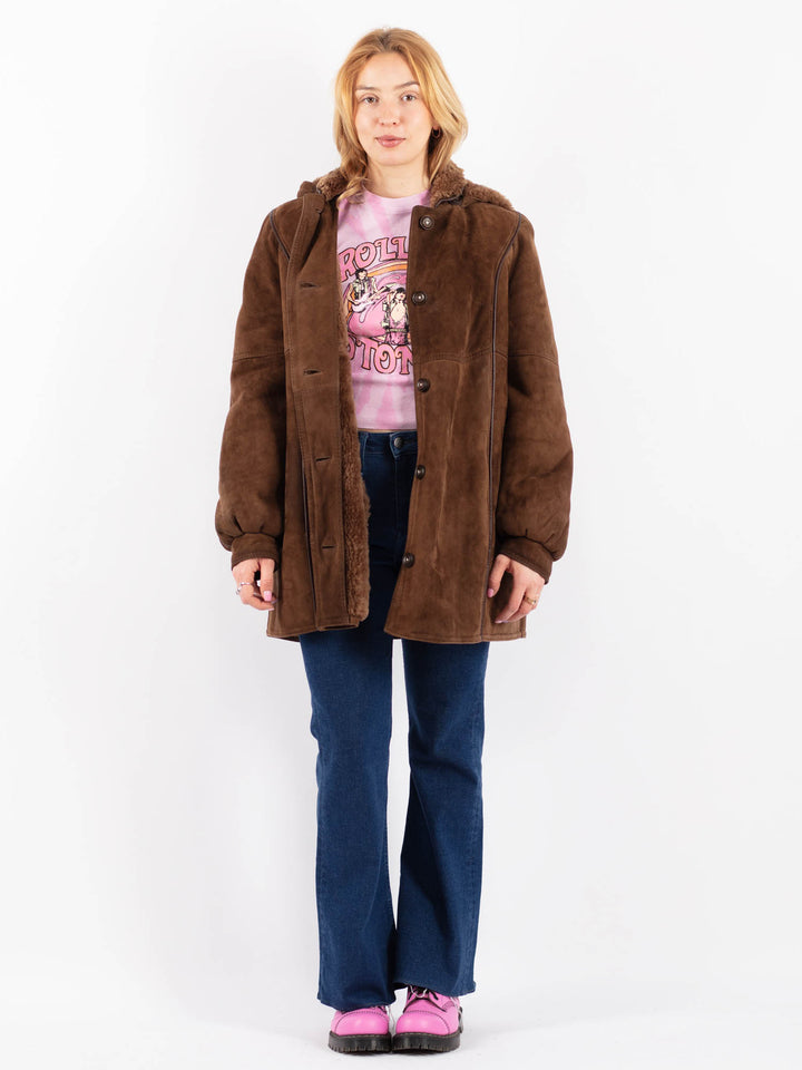 Vintage 80's Women Sheepskin Shearling Coat in Brown