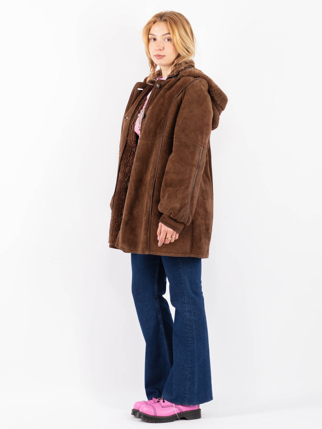 Vintage 80's Women Sheepskin Shearling Coat in Brown