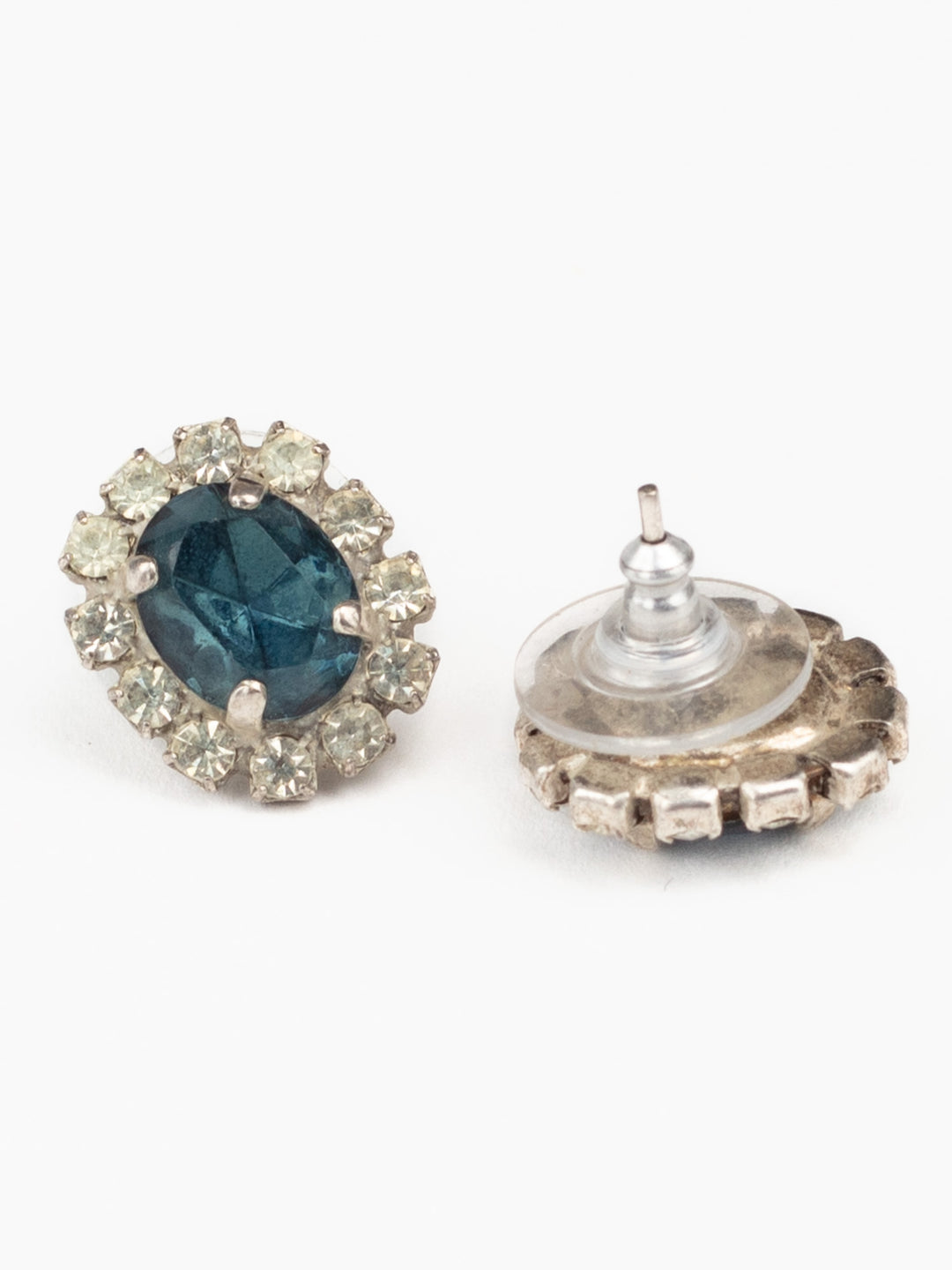 Vintage 80s Oval Blue Rhinestone Stud Earrings with Clear Halo