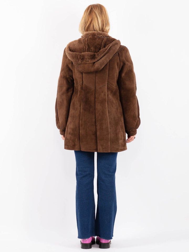 Vintage 80's Women Sheepskin Shearling Coat in Brown