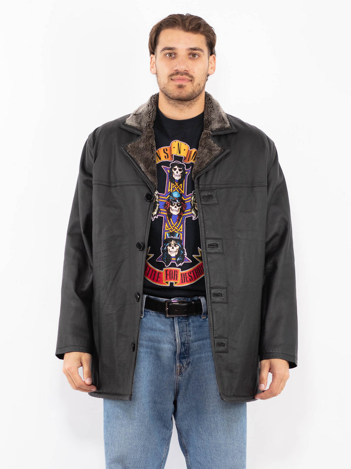 Vintage 90's Men Leather Sherpa Coat in Black