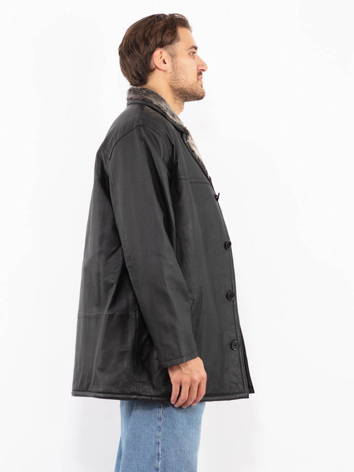 Vintage 90's Men Leather Sherpa Coat in Black