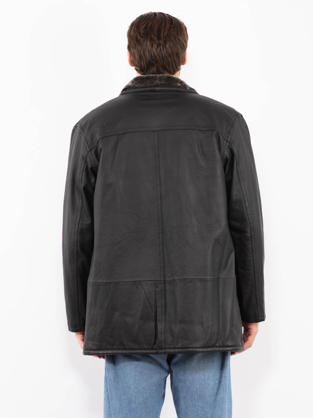 Vintage 90's Men Leather Sherpa Coat in Black