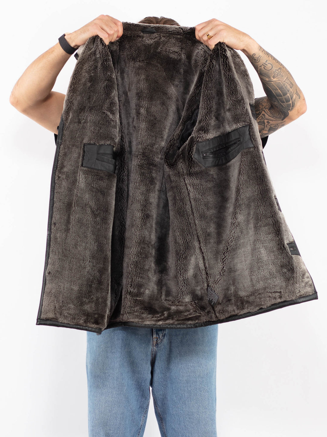 Vintage 90's Men Leather Sherpa Coat in Black