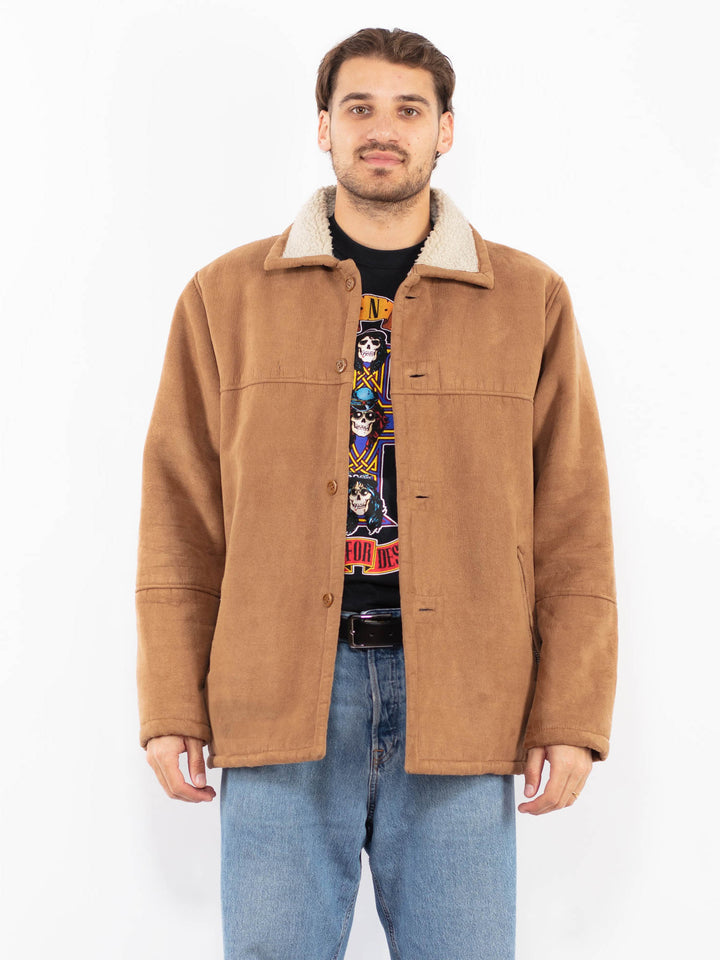 Vintage 90's Men Faux Sheepskin Coat in Brown