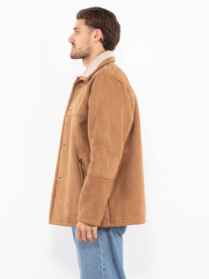 Vintage 90's Men Faux Sheepskin Coat in Brown