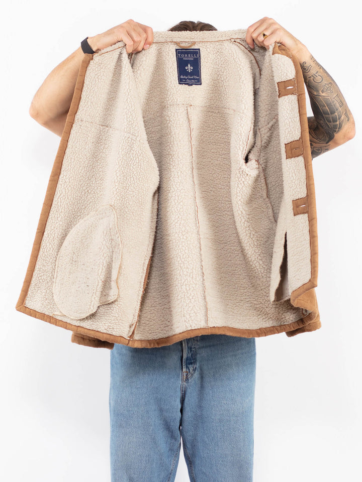 Vintage 90's Men Faux Sheepskin Coat in Brown