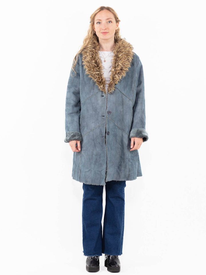 Vintage 00's Women Faux Sheepskin Coat in Blue