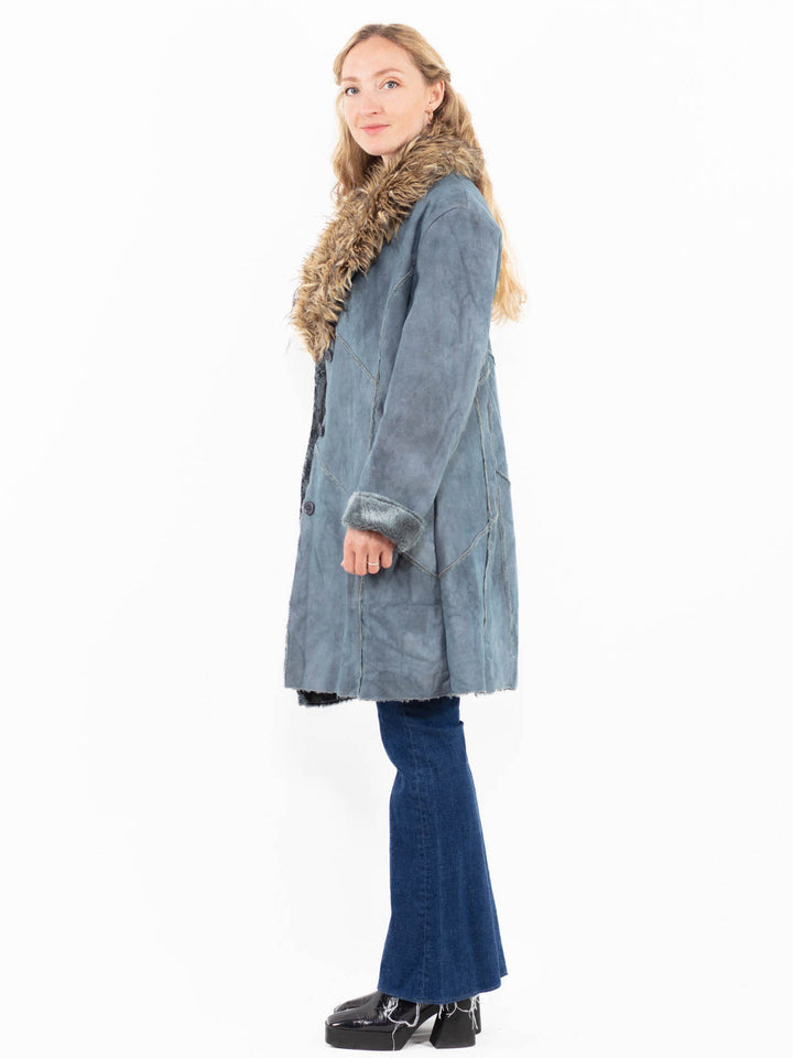 Vintage 00's Women Faux Sheepskin Coat in Blue