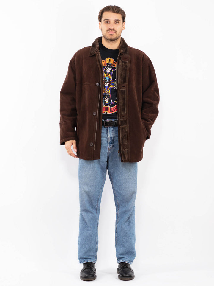 Vintage 90's Men Faux Sheepskin Coat in Brown