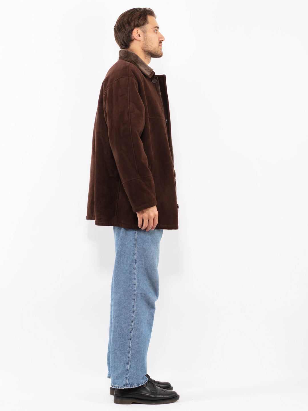 Vintage 90's Men Faux Sheepskin Coat in Brown
