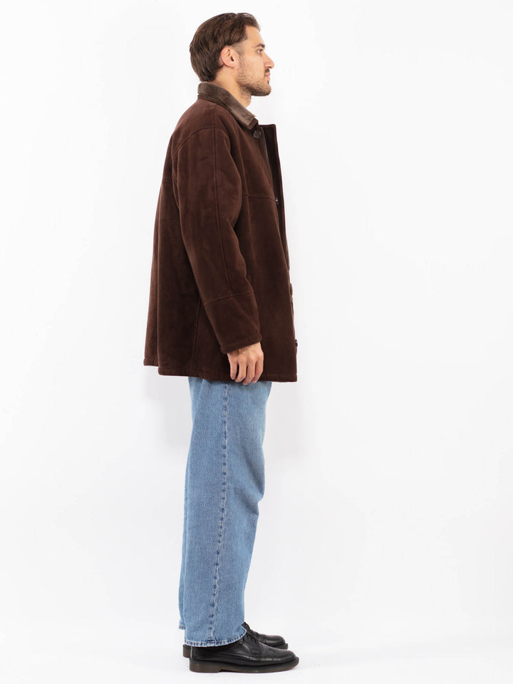 Vintage 90's Men Faux Sheepskin Coat in Brown