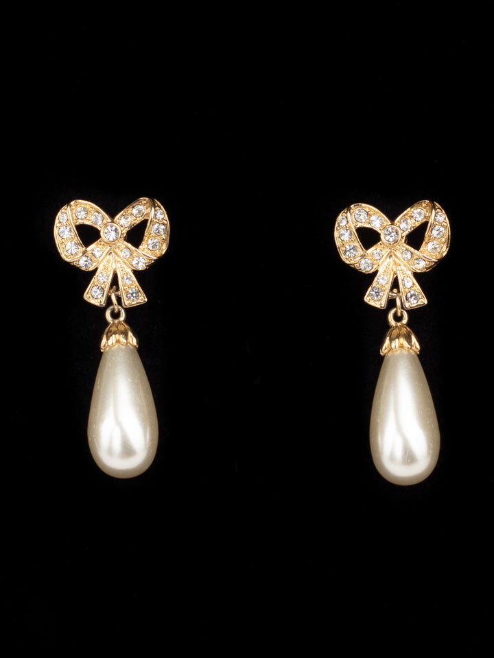 Vintage 80s Bow Drop Earrings with Faux Pearls and Rhinestones
