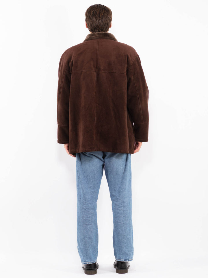 Vintage 90's Men Faux Sheepskin Coat in Brown