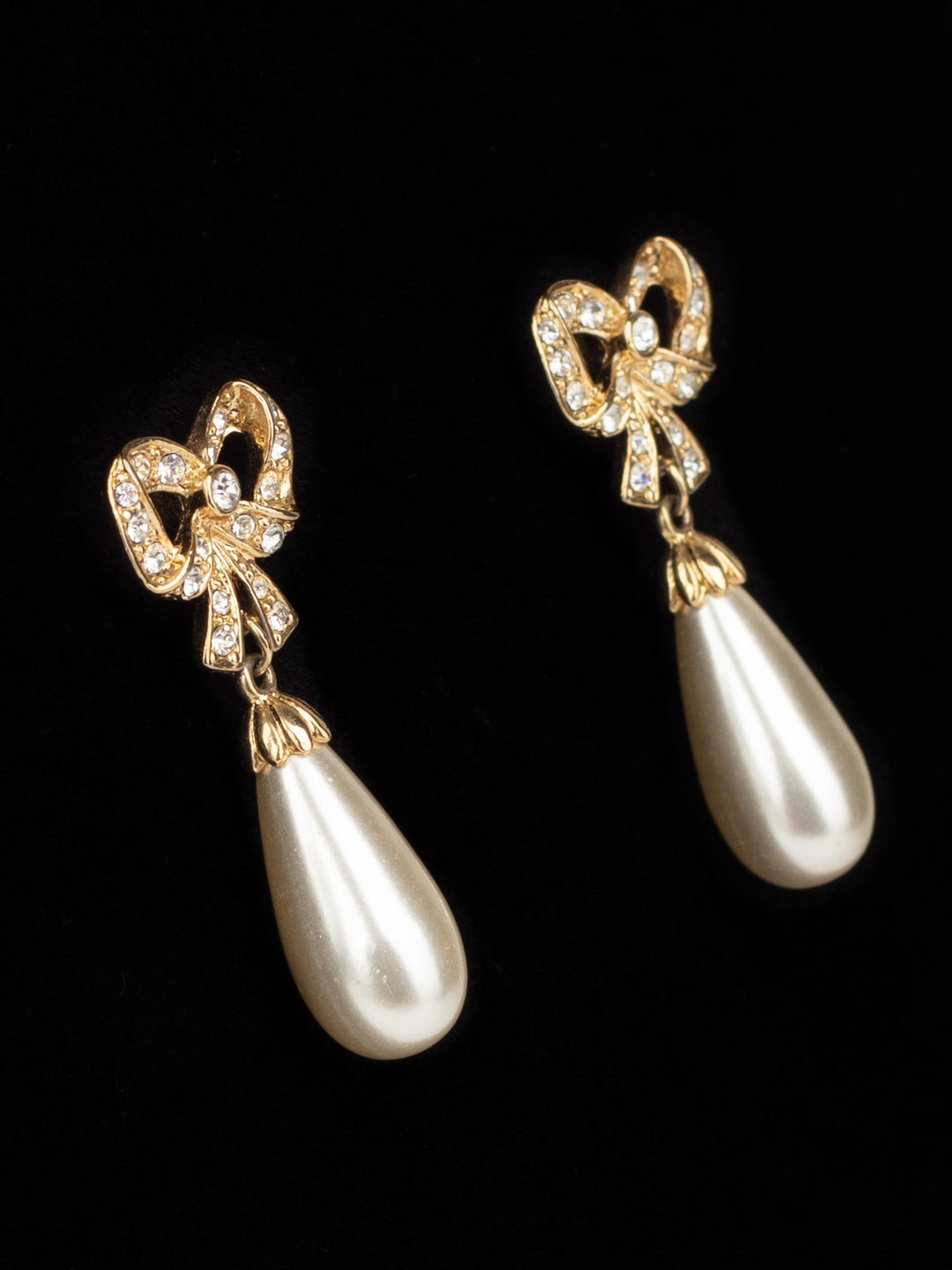 Vintage 80s Bow Drop Earrings with Faux Pearls and Rhinestones