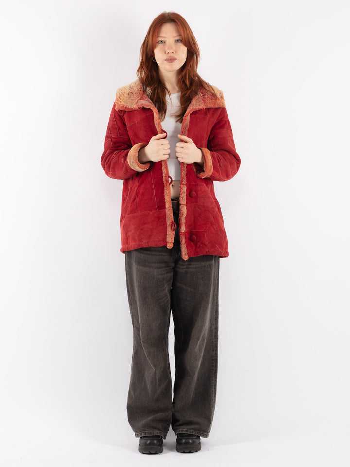 Vintage 90's Women Sheepskin Shearling Jacket in Red