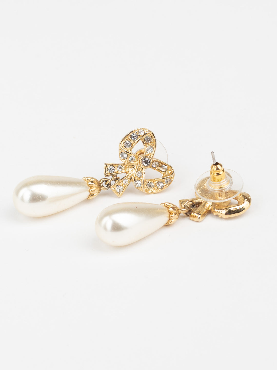 Vintage 80s Bow Drop Earrings with Faux Pearls and Rhinestones