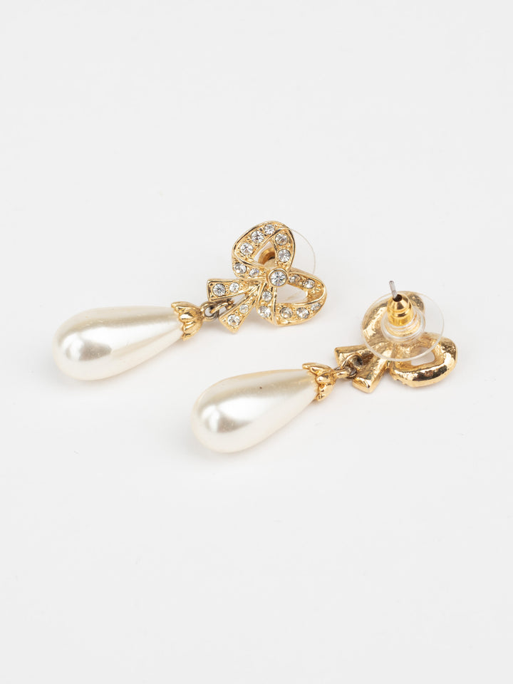 Vintage 80s Bow Drop Earrings with Faux Pearls and Rhinestones