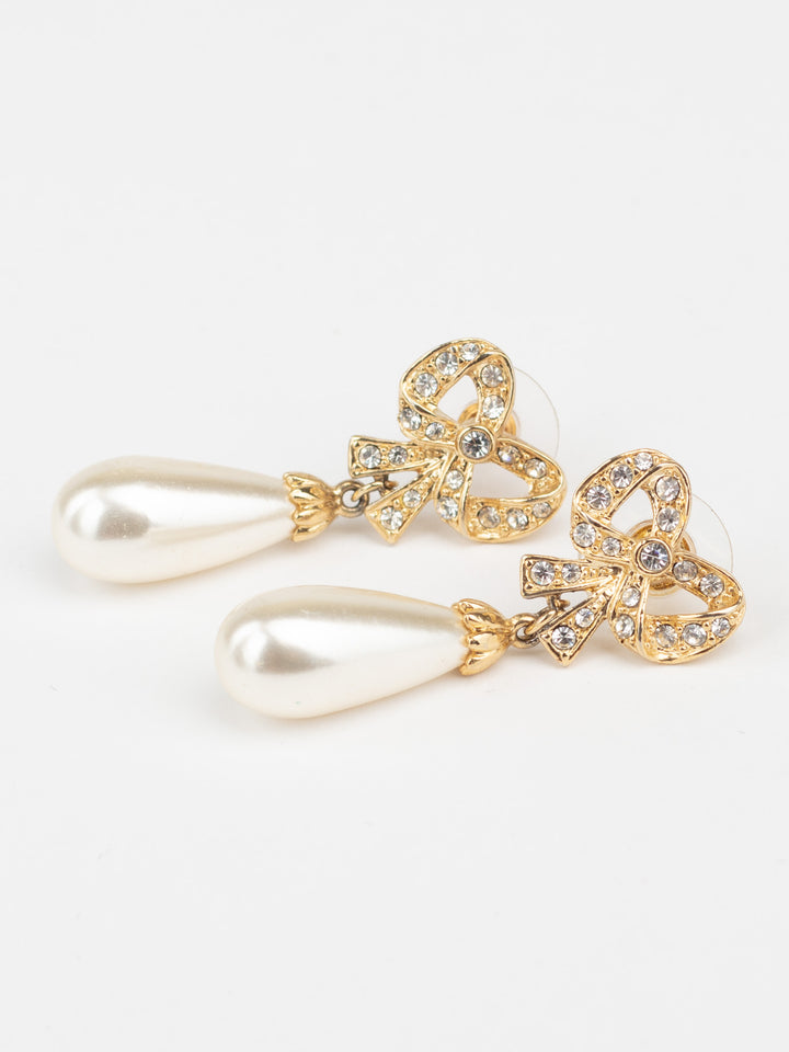 Vintage 80s Bow Drop Earrings with Faux Pearls and Rhinestones