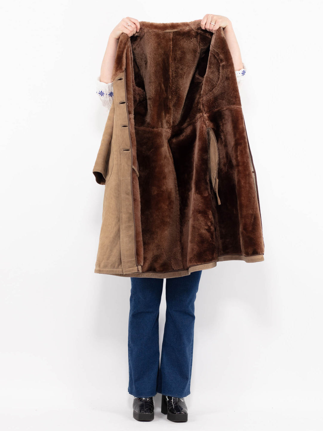 Vintage 70's Women Sheepskin Shearling Coat in Beige