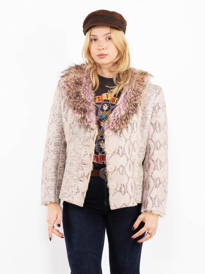 Vintage 00's Penny Lane Snake Print Faux Sheepskin Jacket in Pink