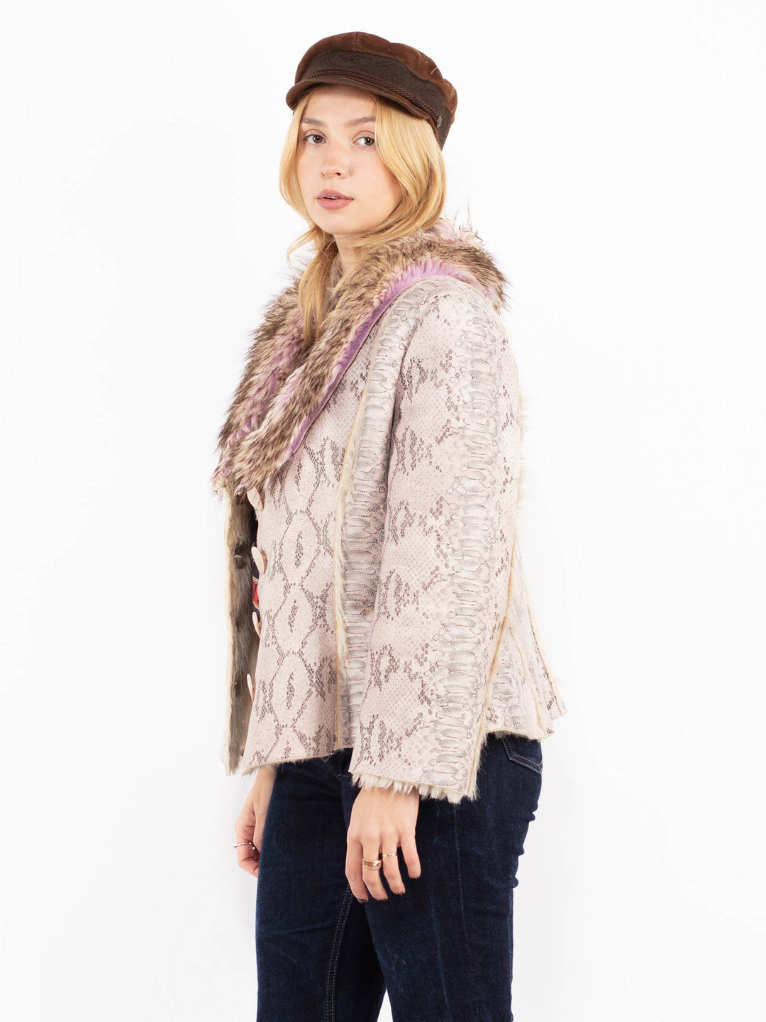 Vintage 00's Penny Lane Snake Print Faux Sheepskin Jacket in Pink