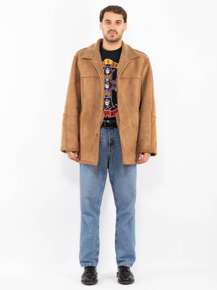 Vintage 90's Men Faux Sheepskin Coat in Beige