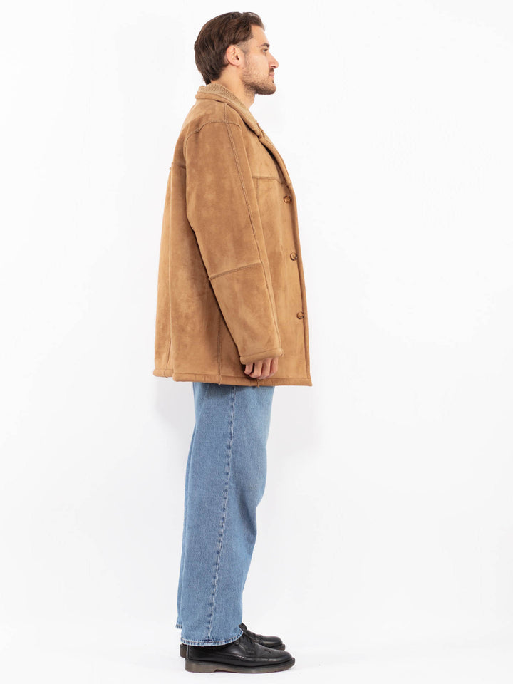 Vintage 90's Men Faux Sheepskin Coat in Beige