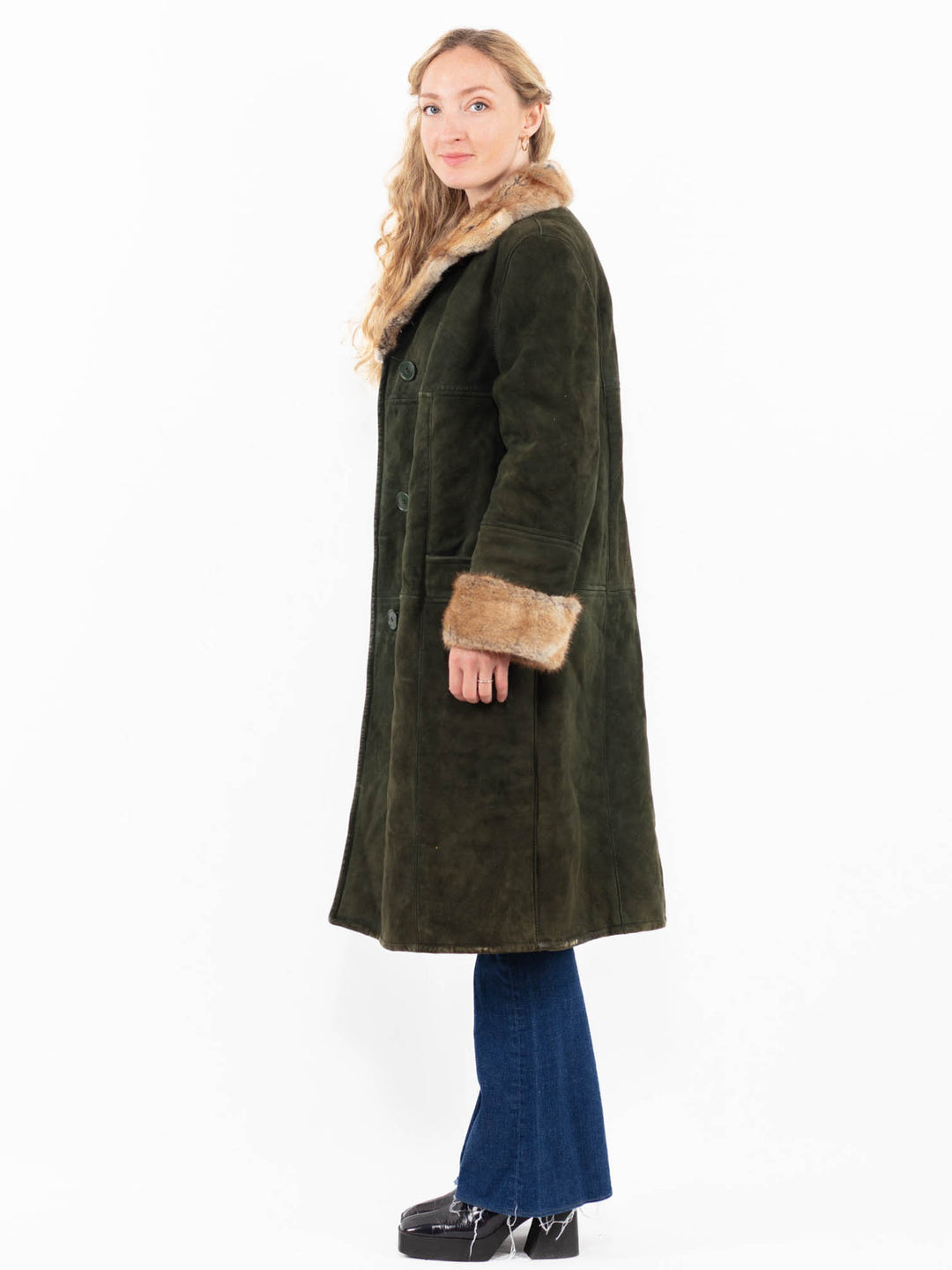 Vintage 70's Women Sheepskin Coat in Green