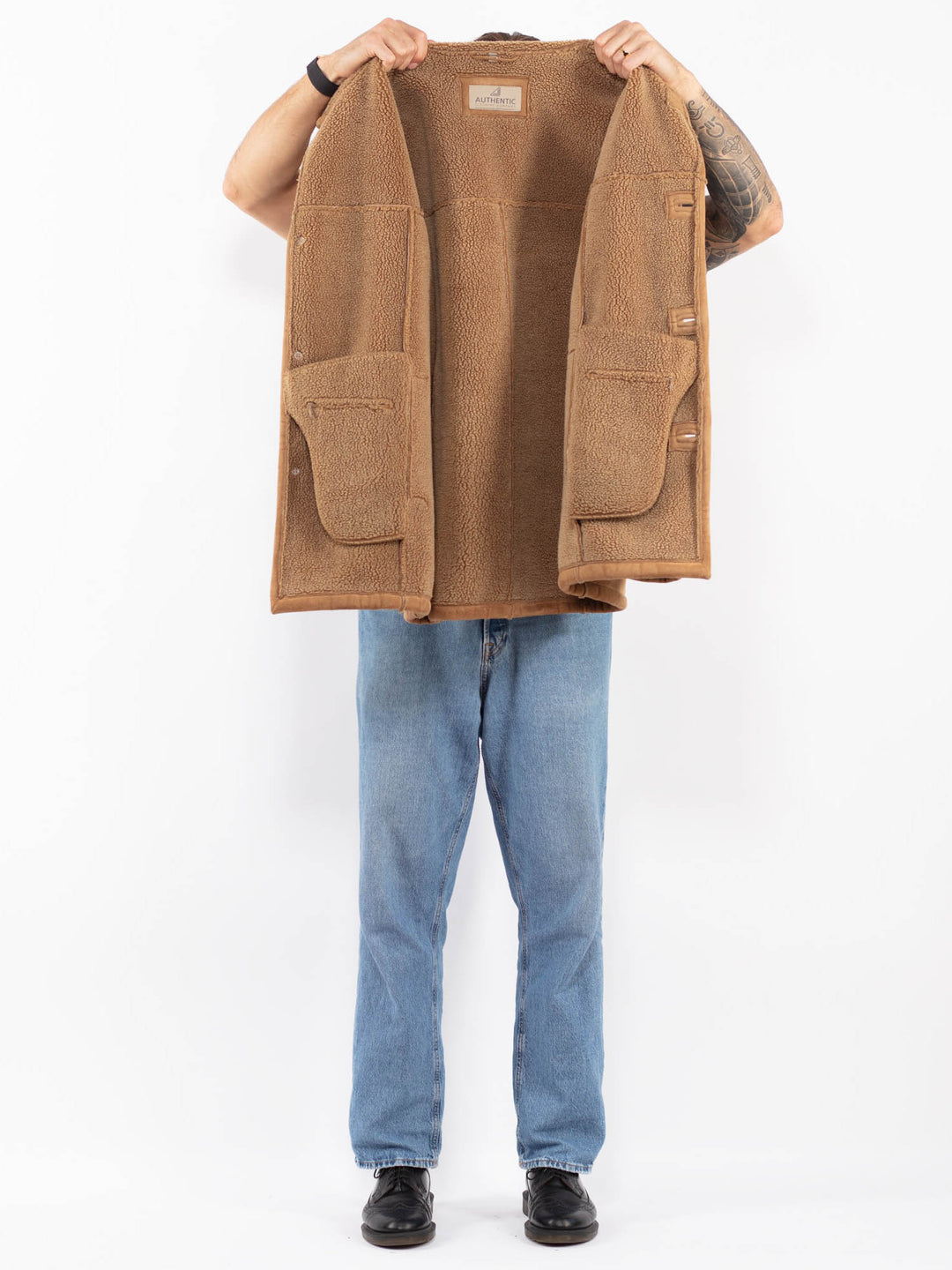 Vintage 90's Men Faux Sheepskin Coat in Beige