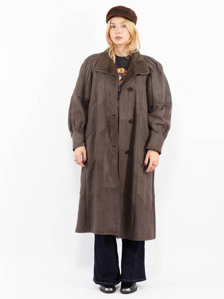 Vintage 80's Women Sheepskin Long Coat in Brown