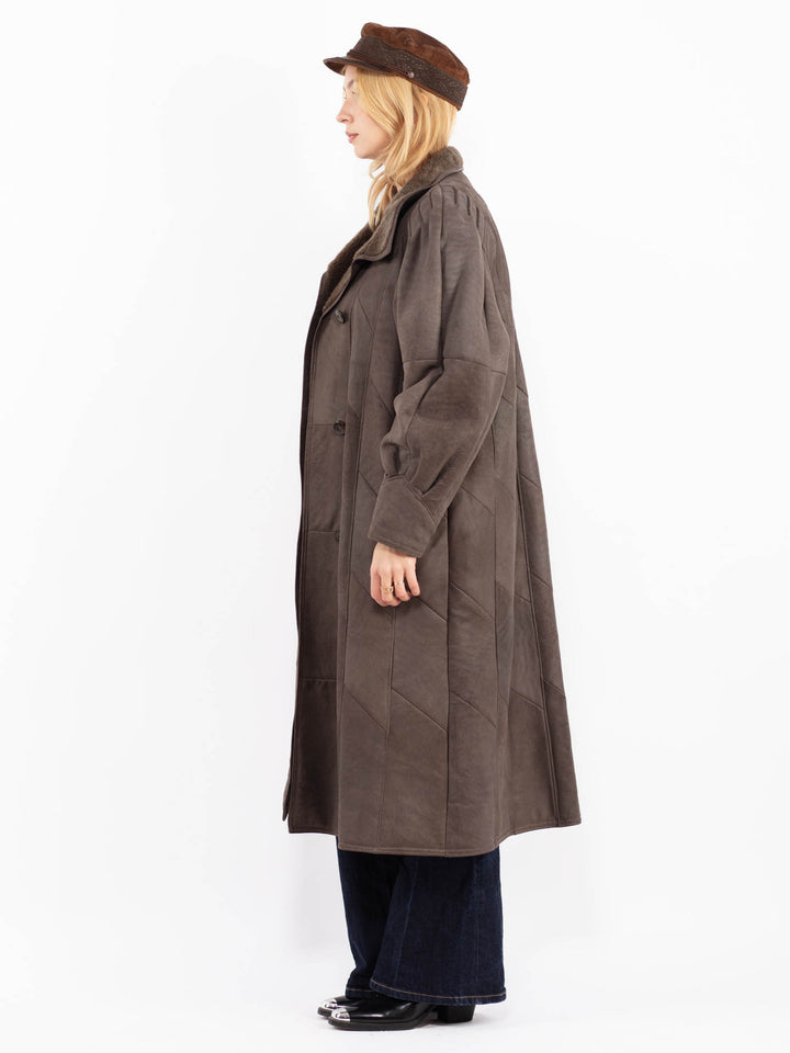 Vintage 80's Women Sheepskin Long Coat in Brown
