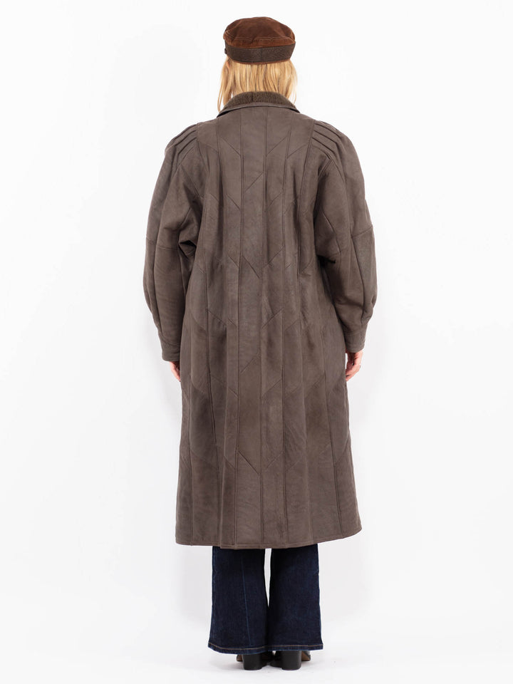 Vintage 80's Women Sheepskin Long Coat in Brown