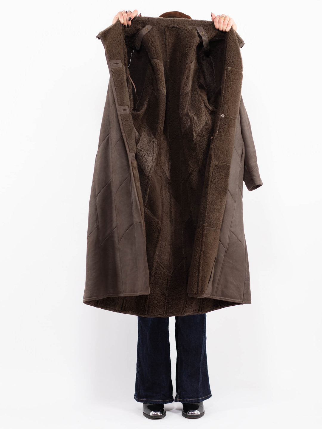 Vintage 80's Women Sheepskin Long Coat in Brown