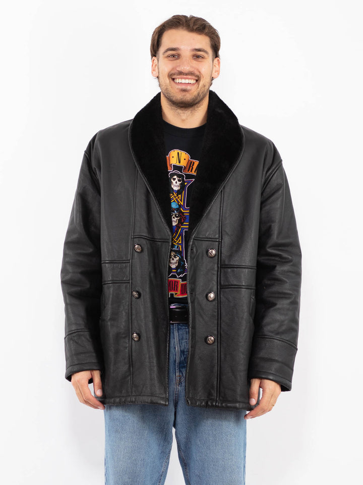 Vintage 90's Men Sherpa Lined Leather Coat in Black